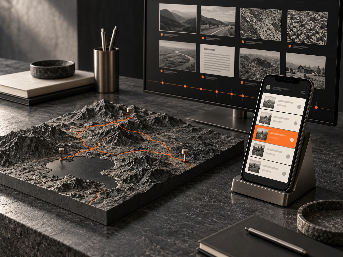 Composición 3D de un mapa en relieve, registro móvil y monitoreo de información.