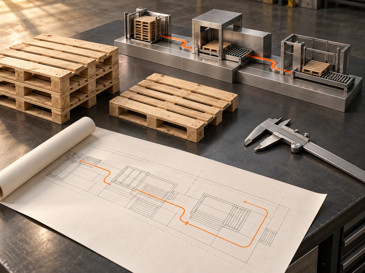 Composición 3D de tarimas, planos y un modelo de proceso industrial para representar procesos y sistemas de control.